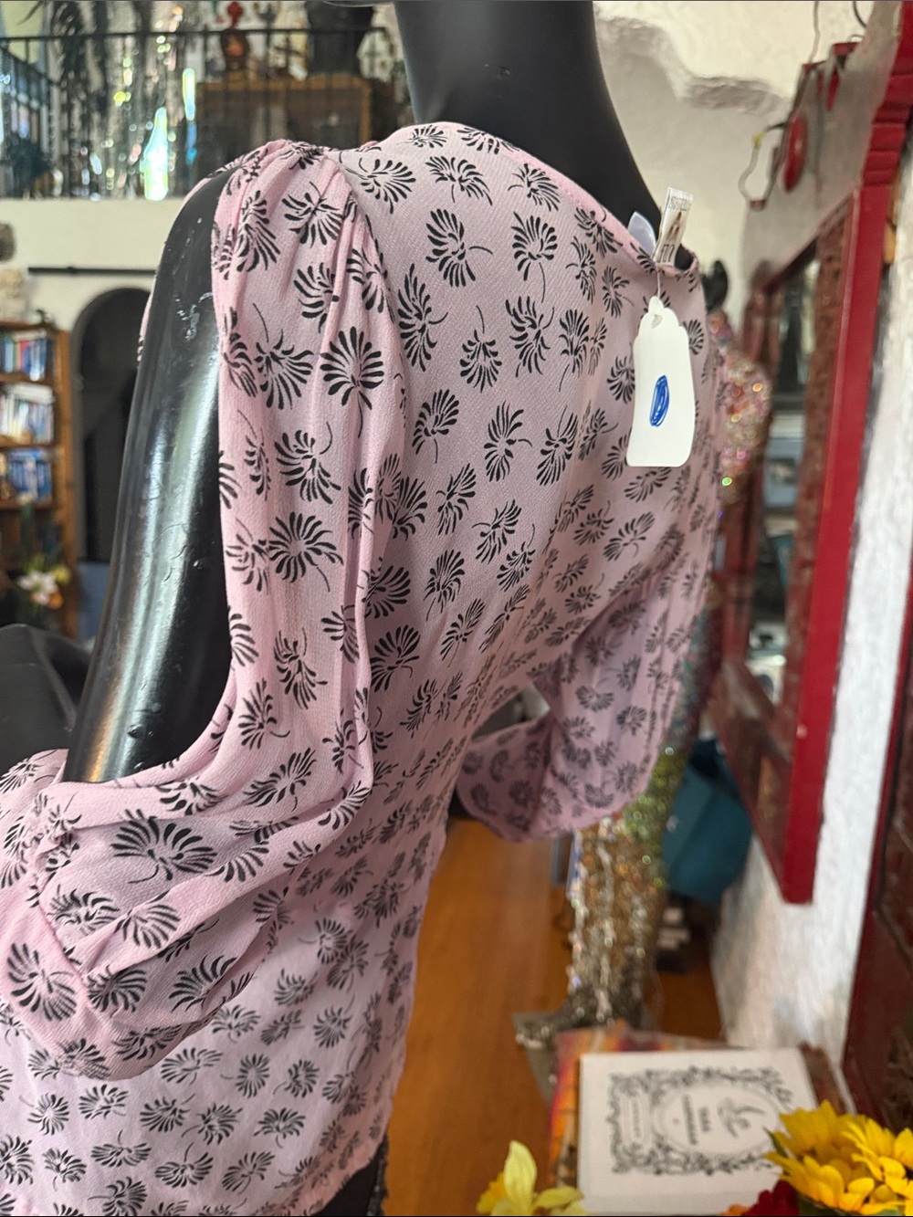 Pink Floral Print Ruffled Neck Blouses - Picture 5 of 7